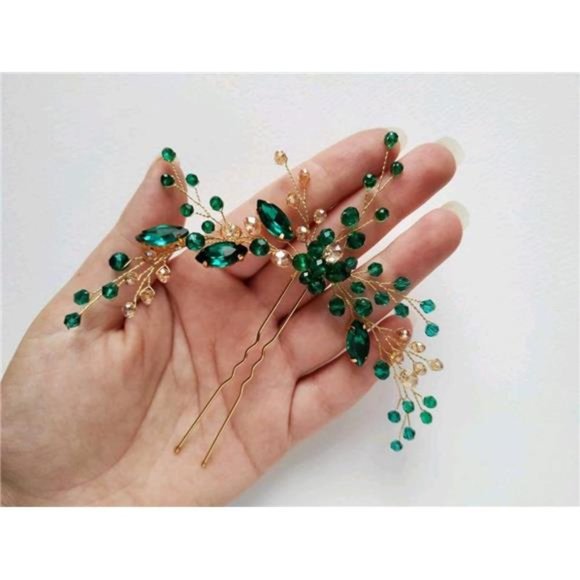 Denifery Bridal Hair Pin Emerald Gold Hair Piece Emerald Hair Clip Gold Green Ha main image 4